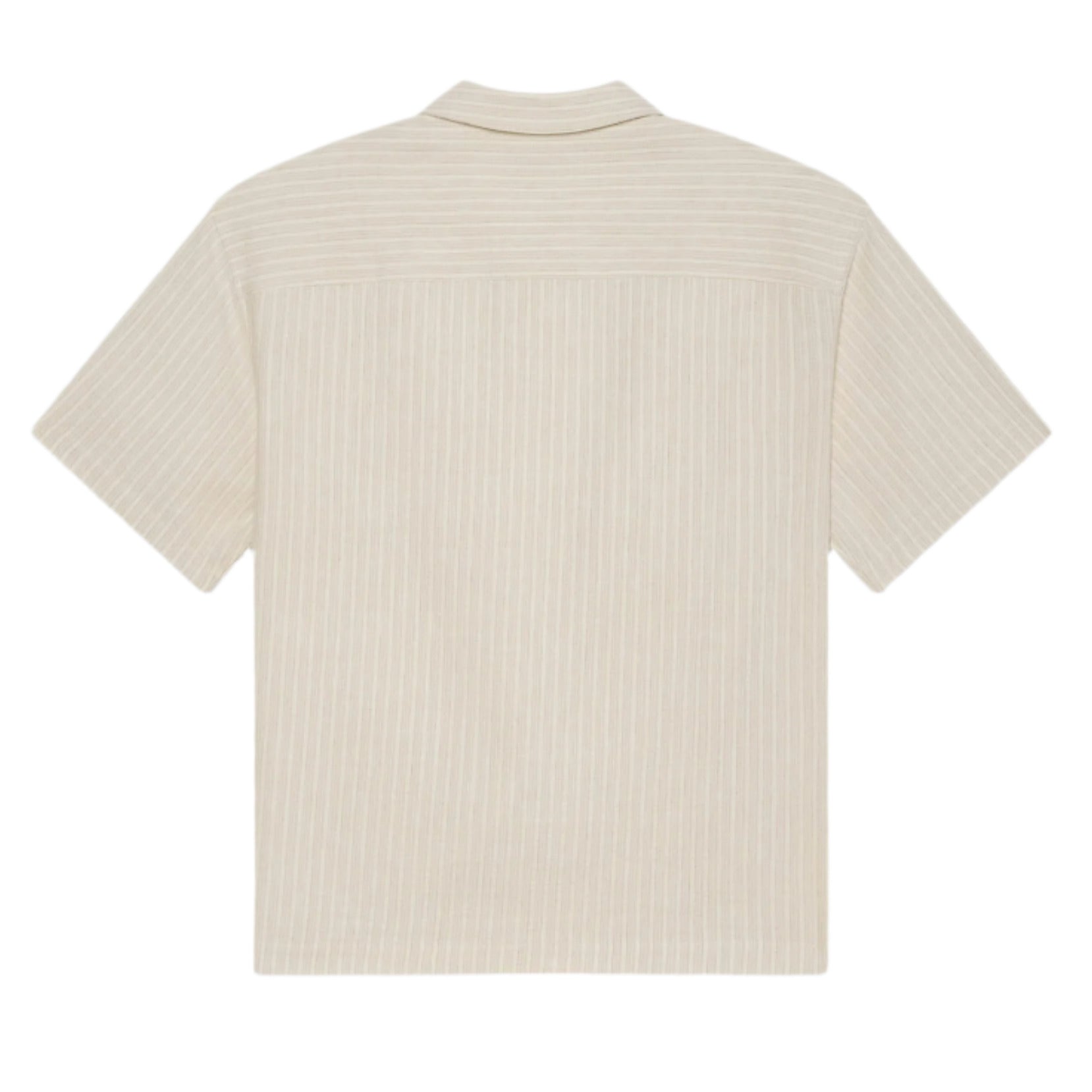 Back view of the Frame Jacquard Cotton Short-Sleeved Shirt in light beige with subtle vertical stripes—a breathable essential for your summer wardrobe.