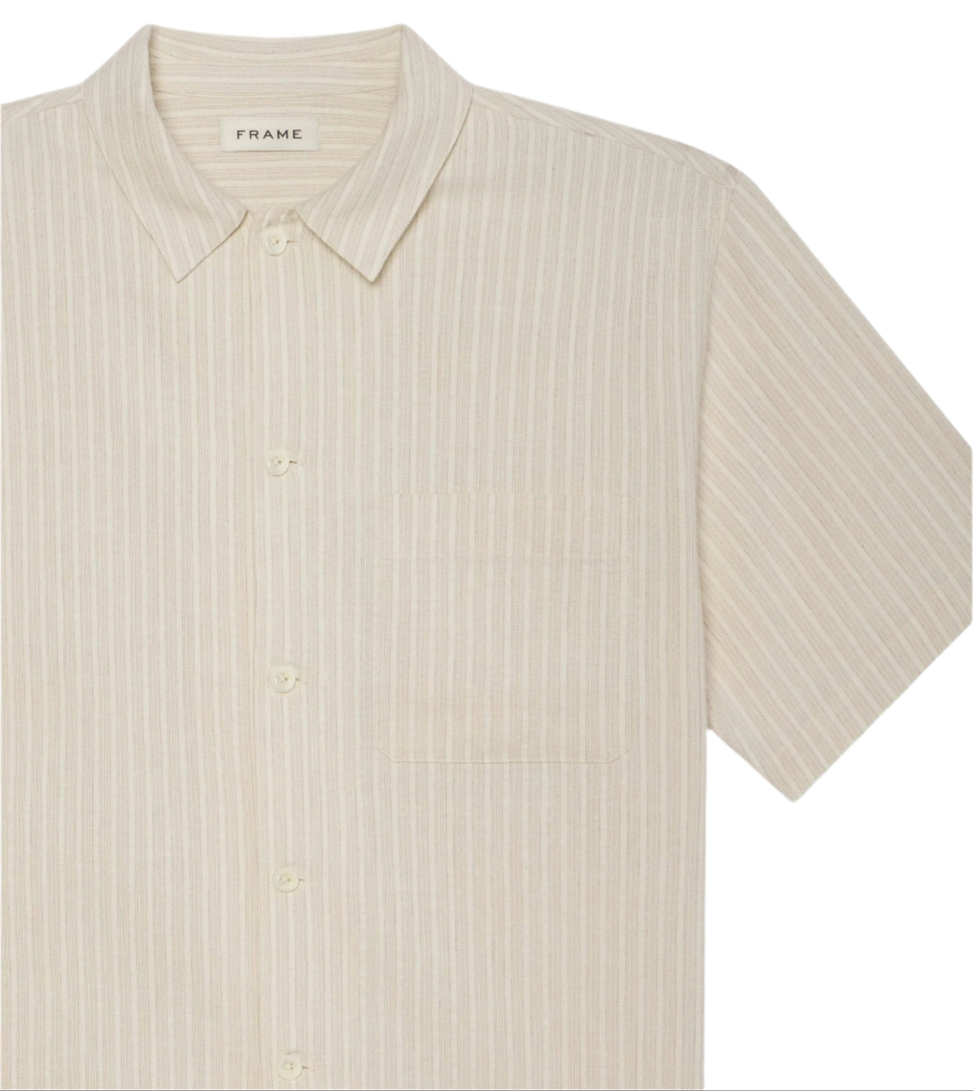 The Frame Jacquard Cotton Short-Sleeved Shirt features beige stripes, a chest pocket, and collar. Crafted from breathable cotton, it's perfect for summer and is shown against a white background.