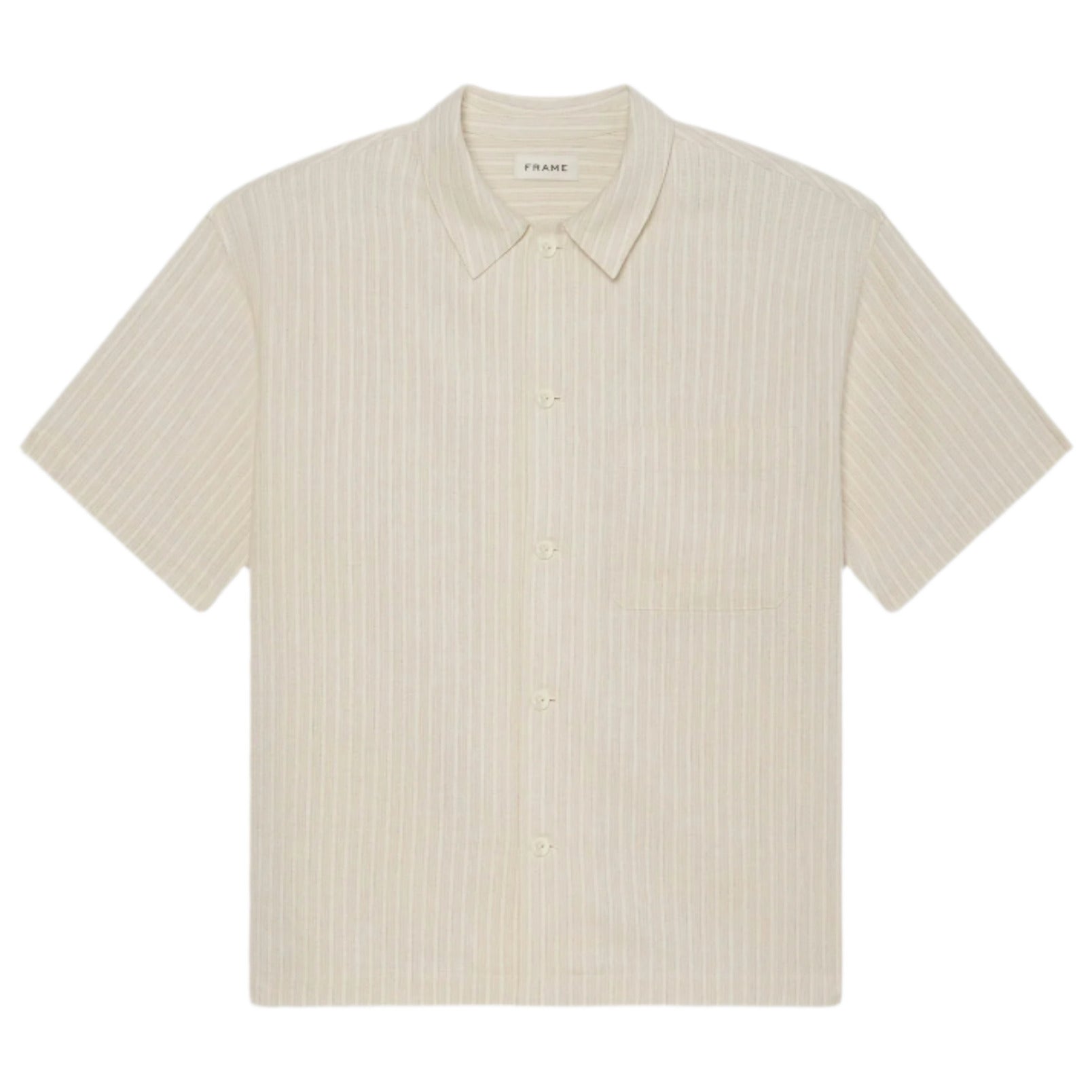 The Frame Jacquard Cotton Short-Sleeved Shirt features a breathable cream cotton fabric, subtle vertical stripes, button-up front, and chest pocket—an essential summer piece laid flat on a white background.