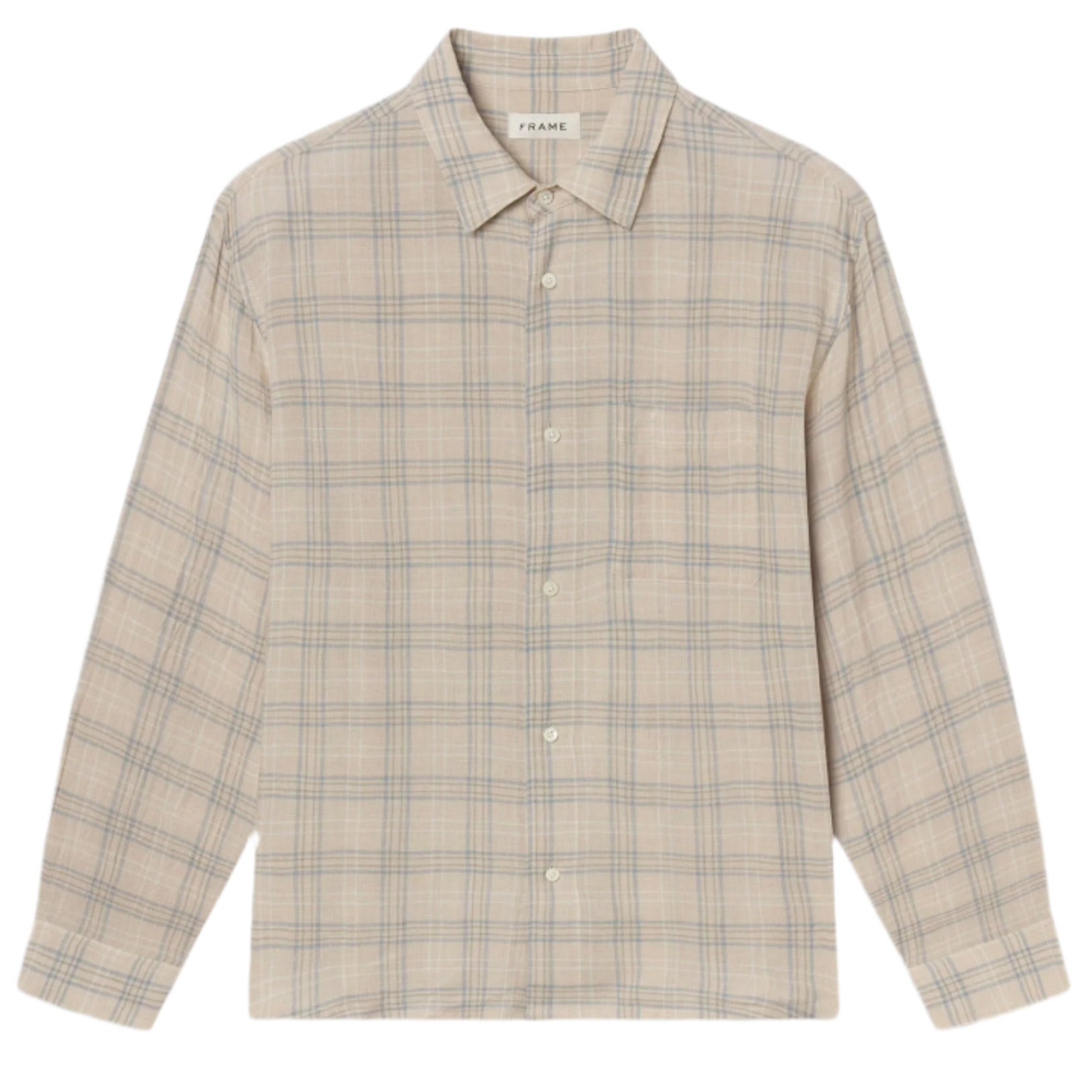 The Frame Plaid Shirt is a lightweight, long-sleeve button-up featuring a beige and blue plaid pattern in neutral tones, with a collar and chest pocket.