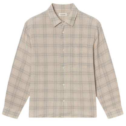 The Frame Plaid Shirt is a lightweight, long-sleeve button-up featuring a beige and blue plaid pattern in neutral tones, with a collar and chest pocket.