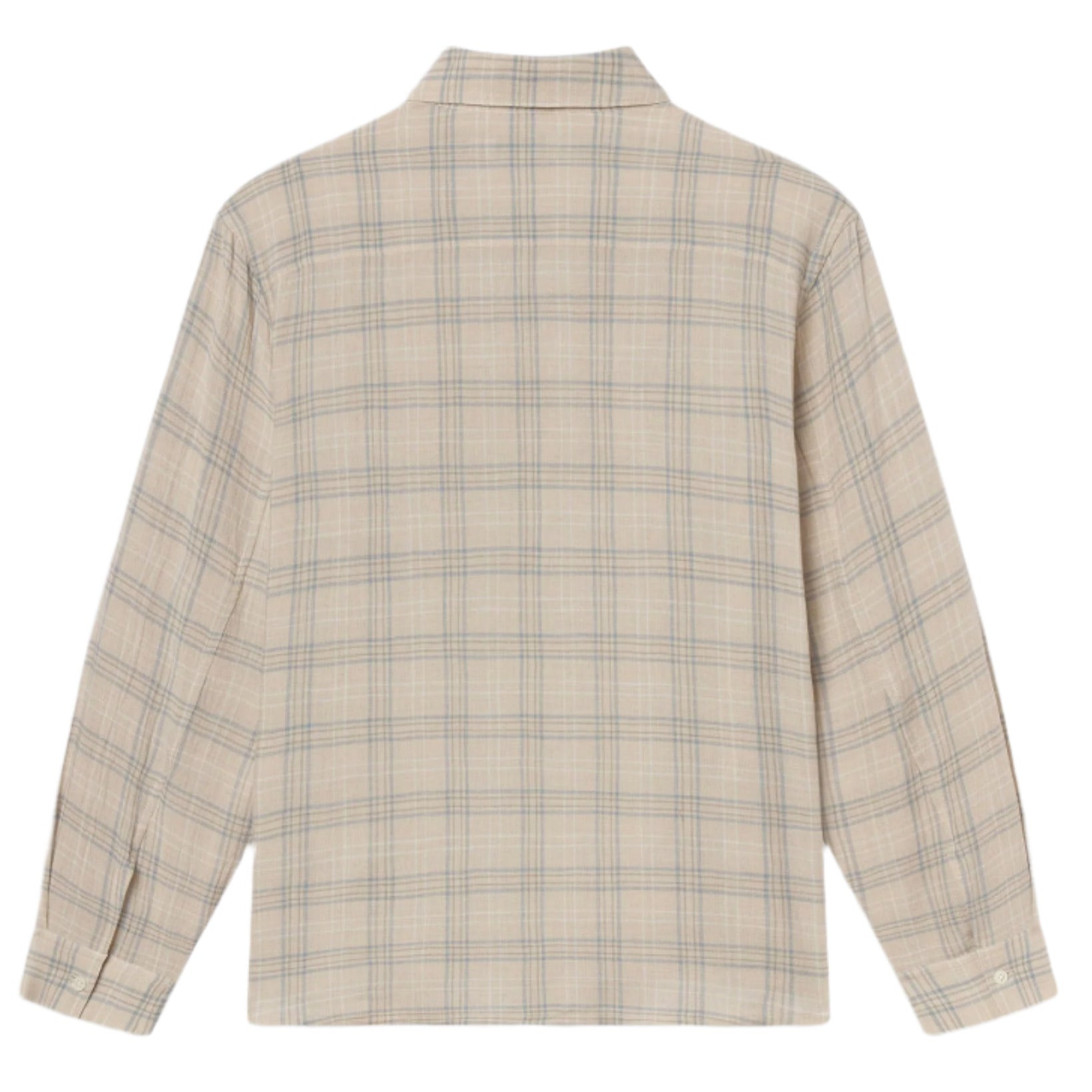 The Frame Plaid Shirt is a beige cotton-wool long-sleeve top shown from the back, with neutral tones, a collar, and buttoned cuffs for a lightweight feel.