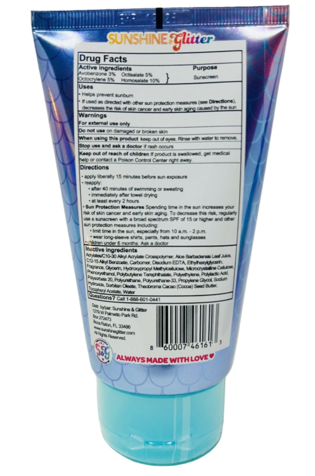 A tube of Sunshine Glitter Sea Star Sparkle SPF 50 Sunscreen showing the back label with drug facts, ingredients, and usage instructions against a colorful background, highlighting UVA/UVB protection.