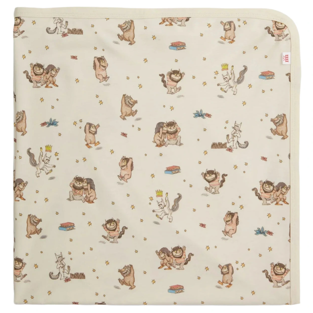 The Magnetic Me Where the Wild Things Are Blanket is a cream-colored modal baby blanket with playful wild creature and crowned boy illustrations, offering softness and temperature regulation—ideal as a stroller blanket.