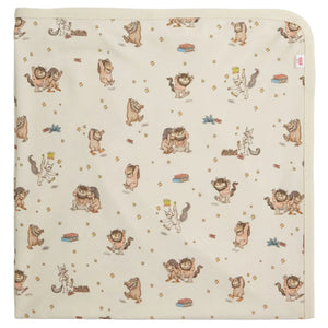 The Magnetic Me Where the Wild Things Are Blanket is a cream-colored modal baby blanket with playful wild creature and crowned boy illustrations, offering softness and temperature regulation—ideal as a stroller blanket.