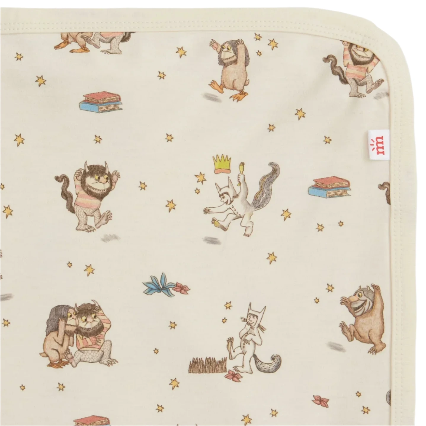 The Magnetic Me "Where the Wild Things Are Blanket" is a cream-colored, modal stroller blanket with character illustrations; temperature-regulating and perfect for babies.