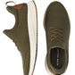 Behold the Peter Millar Tellustride Sneaker in olive green, showcasing a stylish design with white soles and brown accents. These sneakers offer ultimate comfort with memory foam insoles and can be admired from both the side and top perspectives.