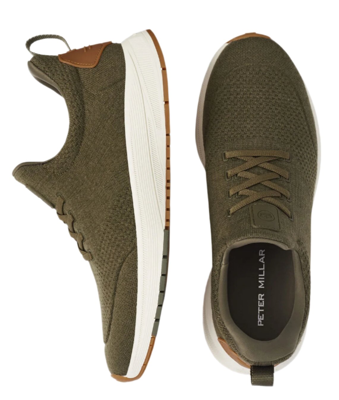 Behold the Peter Millar Tellustride Sneaker in olive green, showcasing a stylish design with white soles and brown accents. These sneakers offer ultimate comfort with memory foam insoles and can be admired from both the side and top perspectives.