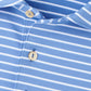Close-up of the Peter Millar Dunnes Performance Jersey Polo, featuring a blue color with white horizontal stripes, three white buttons, and crafted from four-way stretch fabric for ultimate comfort.