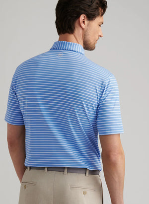 A man shown from the back wears a Peter Millar Dunnes Performance Jersey Polo in light blue and white stripes with UPF 50+ protection, paired with beige pants.