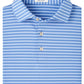 A folded Peter Millar Dunnes Performance Jersey Polo in blue and white stripes with a three-button placket and UPF 50+ protection, neatly arranged.