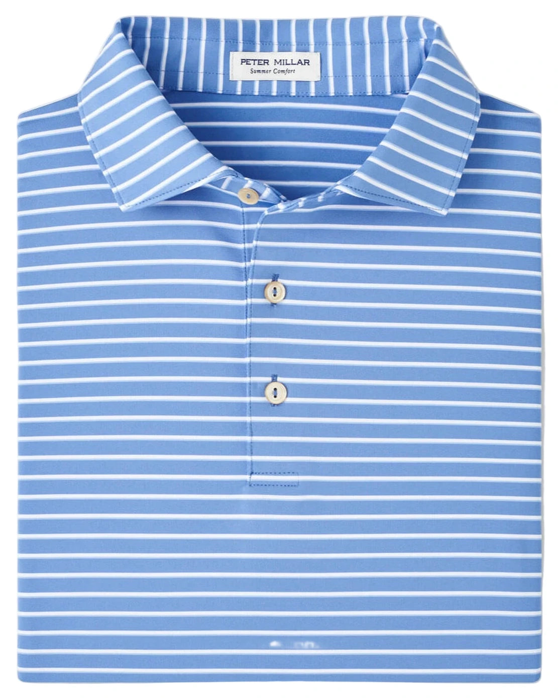 A folded Peter Millar Dunnes Performance Jersey Polo in blue and white stripes with a three-button placket and UPF 50+ protection, neatly arranged.
