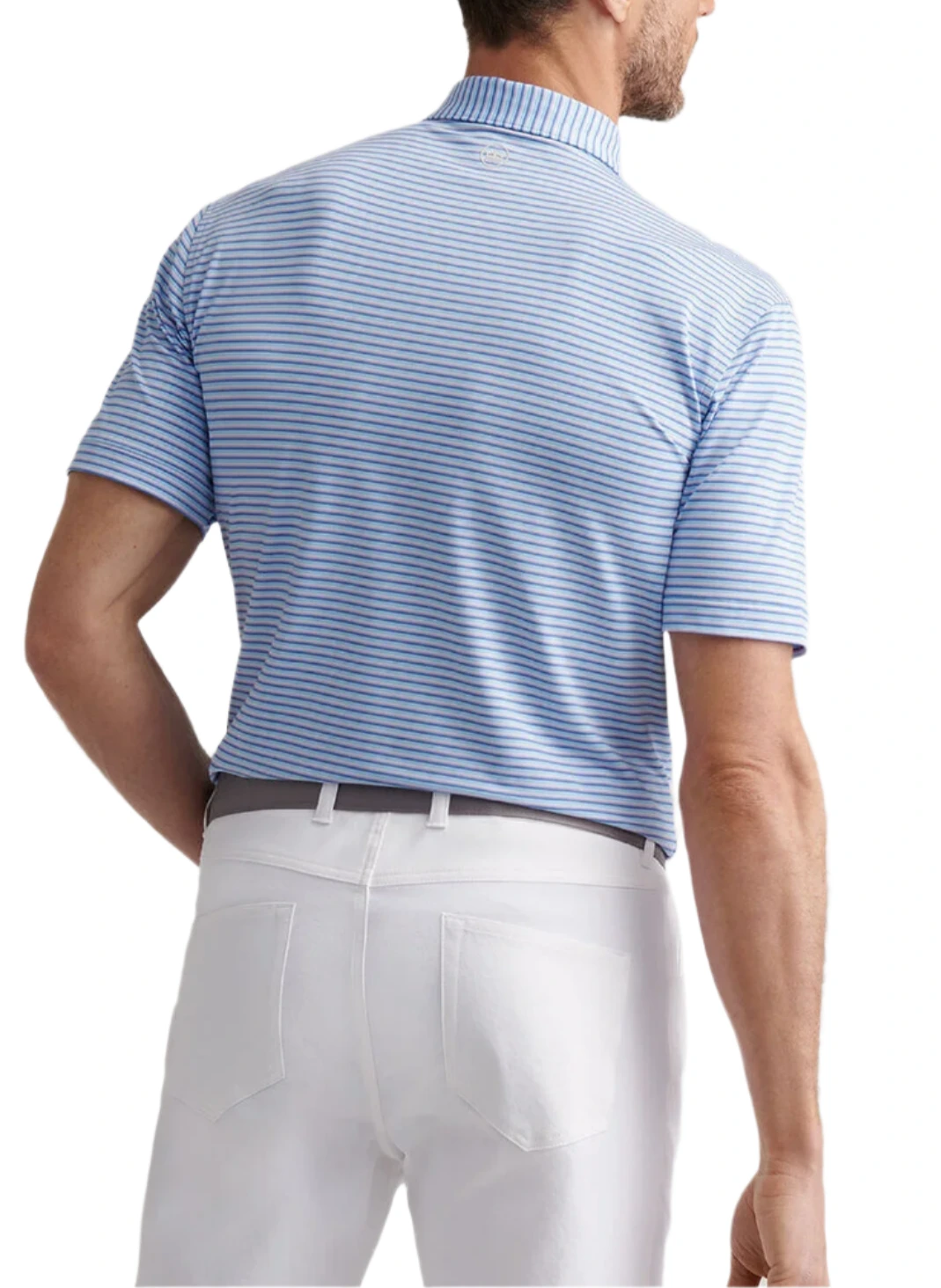 A man is shown from the back wearing a light blue and white striped Lenway Performance Jersey Polo by Peter Millar, featuring UPF 50+ protection, tucked into white pants.