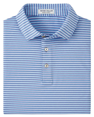 A folded blue and white striped Lenway Performance Jersey Polo by Peter Millar, featuring a collar, three buttons, and UPF 50+ protection.