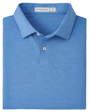 A light blue Featherweight Mélange Performance Polo by Peter Millar, size medium, featuring a collar, two buttons, and crafted from performance fabric with UPF 50+ protection.