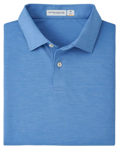 A light blue Featherweight Mélange Performance Polo by Peter Millar, size medium, featuring a collar, two buttons, and crafted from performance fabric with UPF 50+ protection.