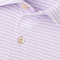 Close-up of the Peter Millar Featherweight Payne Stripe Performance Polo, showcasing lavender and white stripes, a two-button placket, and crafted from lightweight performance fabric.
