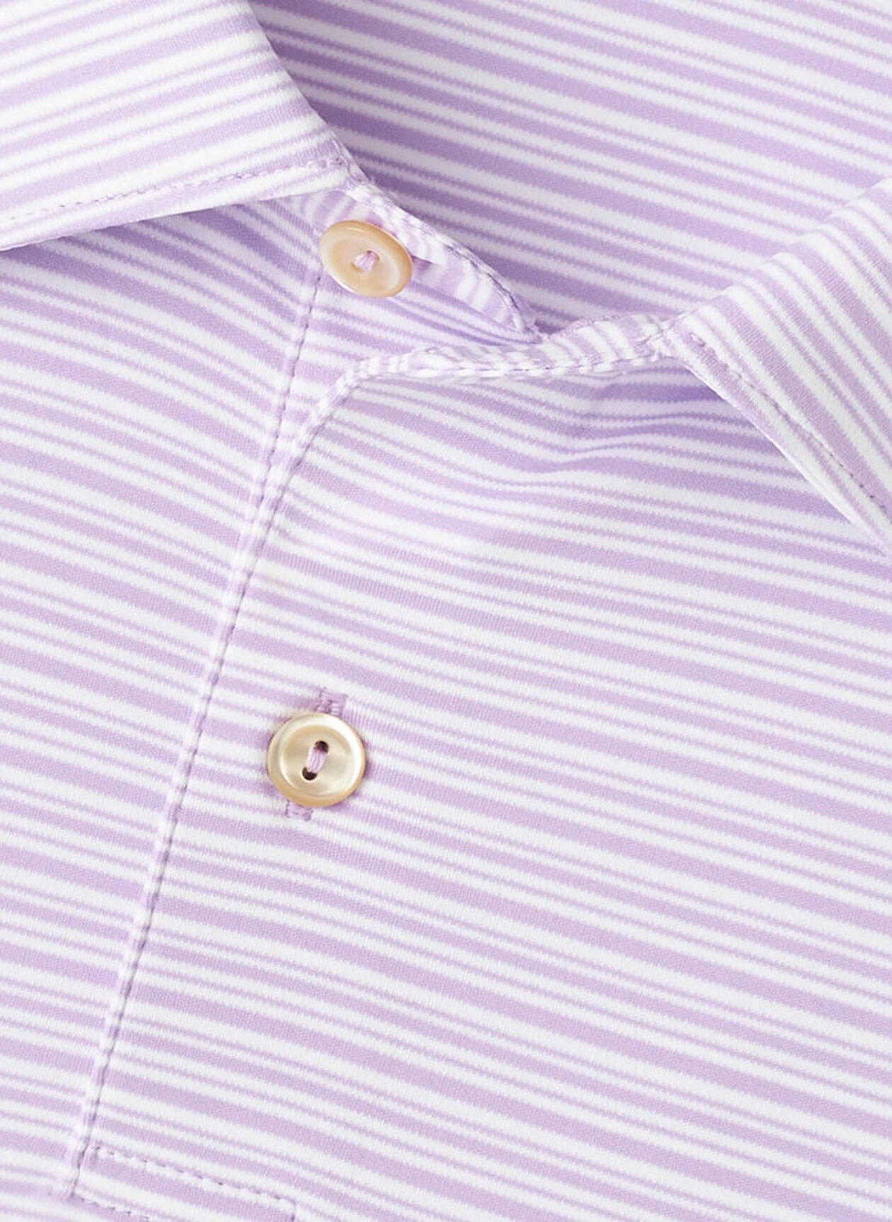 Close-up of the Peter Millar Featherweight Payne Stripe Performance Polo, showcasing lavender and white stripes, a two-button placket, and crafted from lightweight performance fabric.