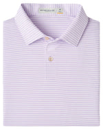 A folded Featherweight Payne Stripe Performance Polo by Peter Millar, featuring lavender and white stripes, a collar with two buttons, UPF 50+ performance fabric, and "Peter Millar" on the inside neck tag.