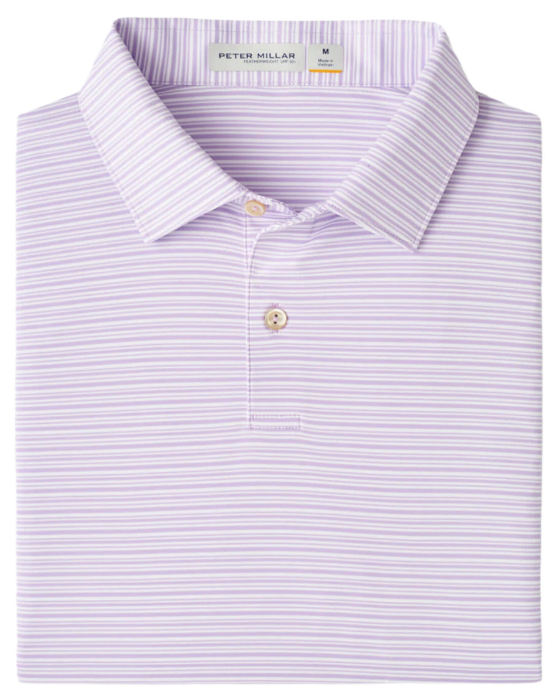 A folded Featherweight Payne Stripe Performance Polo by Peter Millar, featuring lavender and white stripes, a collar with two buttons, UPF 50+ performance fabric, and "Peter Millar" on the inside neck tag.
