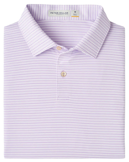 A folded Featherweight Payne Stripe Performance Polo by Peter Millar, featuring lavender and white stripes, a collar with two buttons, UPF 50+ performance fabric, and "Peter Millar" on the inside neck tag.