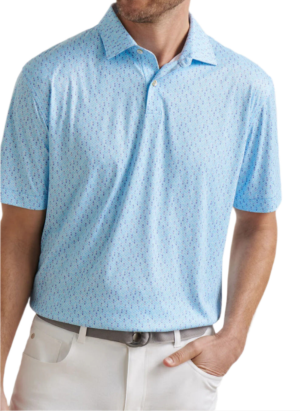 A man shown from neck to hips wears the Peter Millar Featherweight Pineapple Mosaic Performance Polo in light blue, made with lightweight performance fabric and UPF 50+ sun protection, paired with light pants and a gray belt.