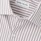 Close-up of the Peter Millar Cannon Crown Lite Cotton-Stretch Sport Shirt in brown and white vertical stripes, featuring an easy-care fabric and visible brand label inside the collar.