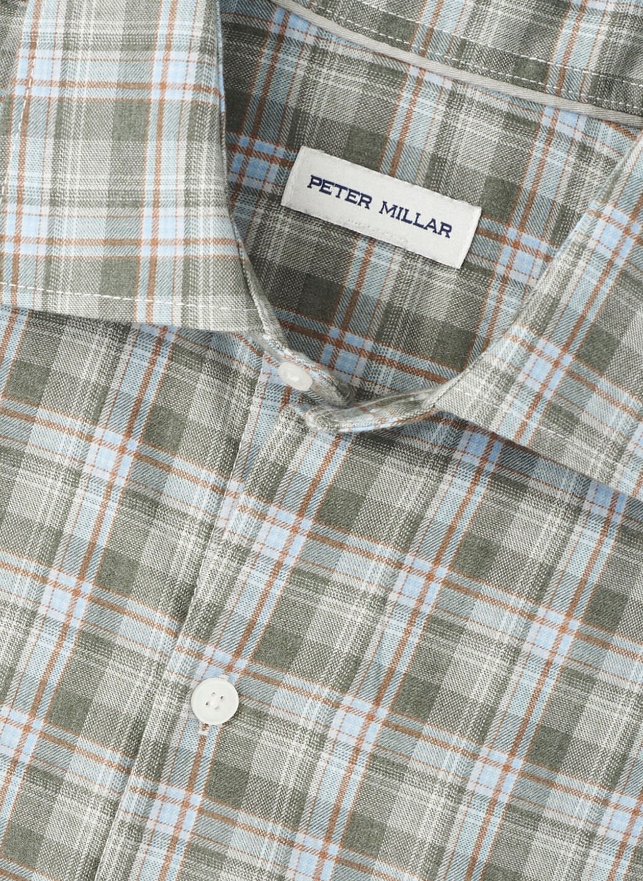 Close-up of the Peter Millar Whitecap Performance Flannel Sport Shirt, featuring a green, blue, and brown plaid pattern in lightweight fibers, with button details and collar—your ideal fall shirt.