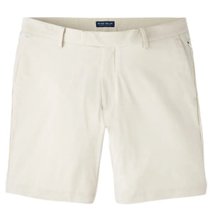 The Bingham Performance Short by Peter Millar is a beige, lightweight casual short with belt loops, side pockets, and a button closure, shown against a white background.