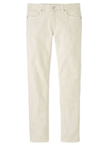 The Peter Millar Fairfield Garment Dyed Denim are straight-cut, light beige cotton stretch jeans with front and back pockets, button closure, and belt loops—ideal for three-season casual wear and shown on a white background.