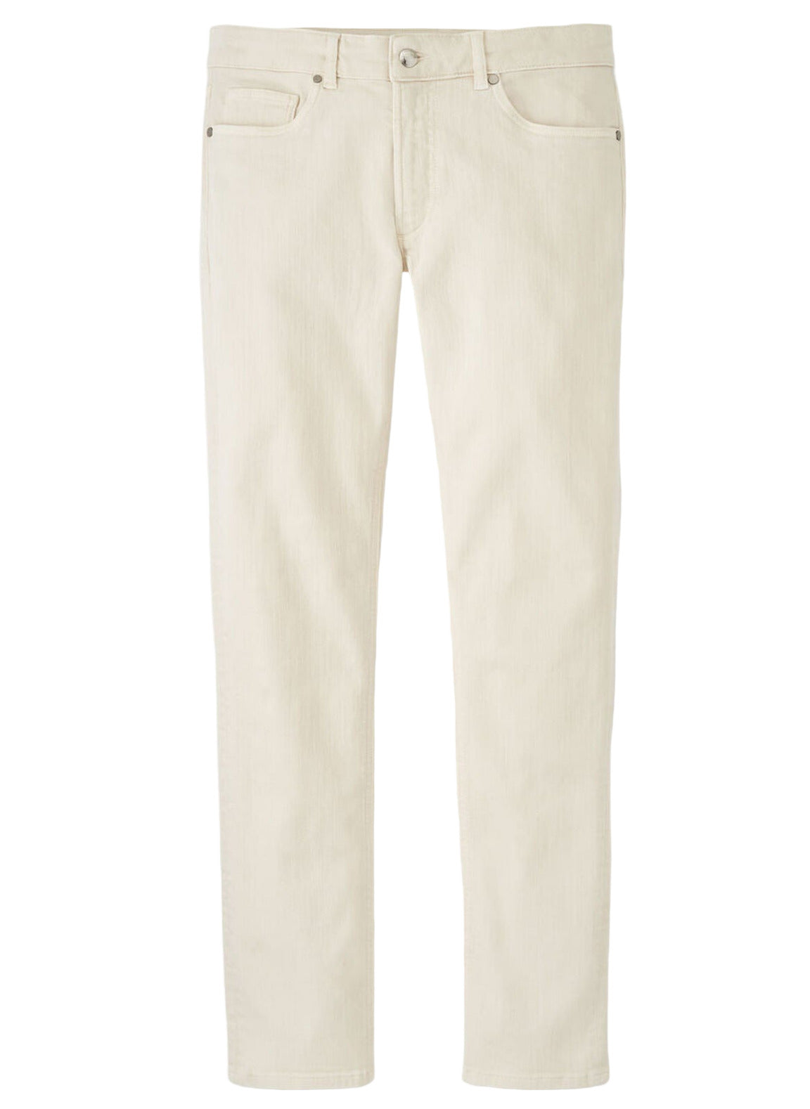 The Peter Millar Fairfield Garment Dyed Denim are straight-cut, light beige cotton stretch jeans with front and back pockets, button closure, and belt loops—ideal for three-season casual wear and shown on a white background.