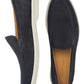 The Peter Millar Excursionist Nubuck Venetian Loafer features navy water-resistant nubuck, white rubber soles, and tan leather insoles—shown from side and top views for lightweight versatility.