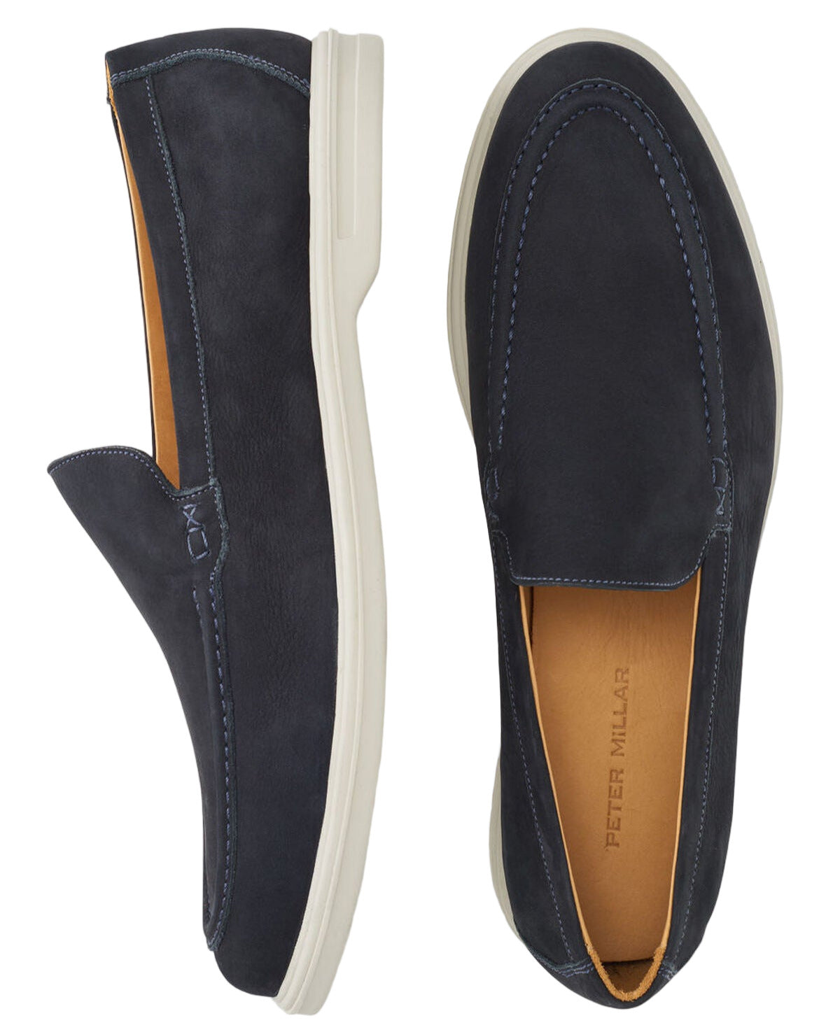 The Peter Millar Excursionist Nubuck Venetian Loafer features navy water-resistant nubuck, white rubber soles, and tan leather insoles—shown from side and top views for lightweight versatility.