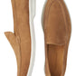 The Excursionist Nubuck Venetian Loafer by Peter Millar is a tan, water-resistant slip-on with white soles, shown from side and top views to showcase its lightweight and versatile design.