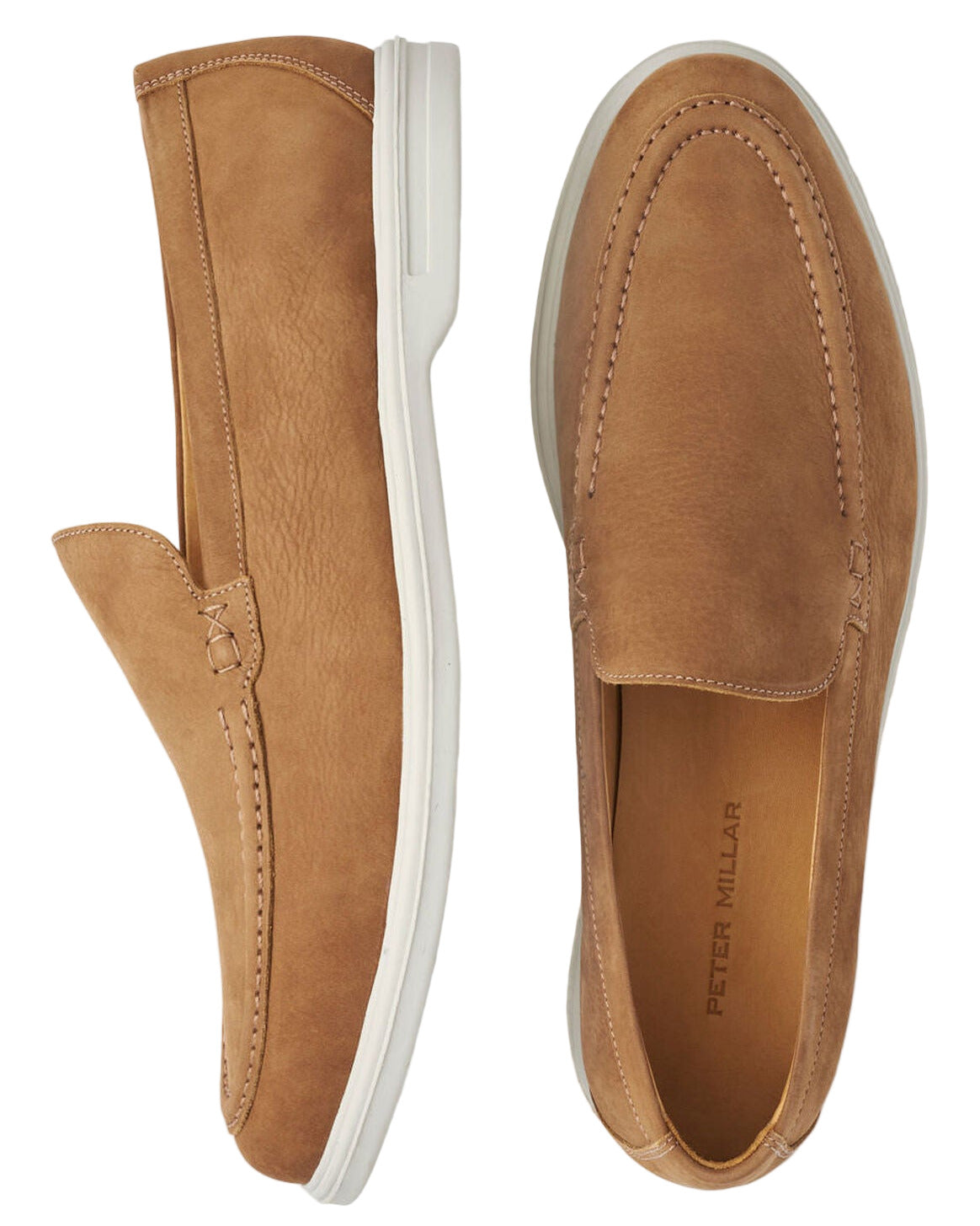 The Excursionist Nubuck Venetian Loafer by Peter Millar is a tan, water-resistant slip-on with white soles, shown from side and top views to showcase its lightweight and versatile design.