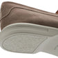 Close-up of the heel and sole of the Peter Millar Excursionist Penny Loafer in beige suede, highlighting its white, textured, lightweight EVA outsole.