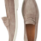 The Peter Millar Excursionist Penny Loafer in taupe suede features a lightweight EVA outsole with white rubber soles, displayed from side and top-down views.