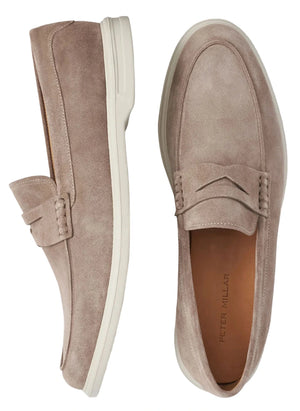 The Peter Millar Excursionist Penny Loafer in taupe suede features a lightweight EVA outsole with white rubber soles, displayed from side and top-down views.