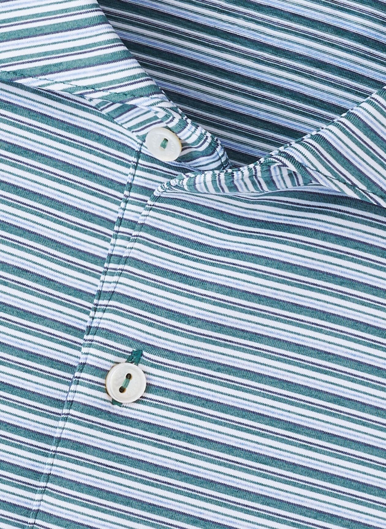 Close-up of the Peter Millar Chase Performance Jersey Polo, featuring green, blue, and white horizontal stripes, a collared neckline with two white buttons, and four-way stretch for comfort.