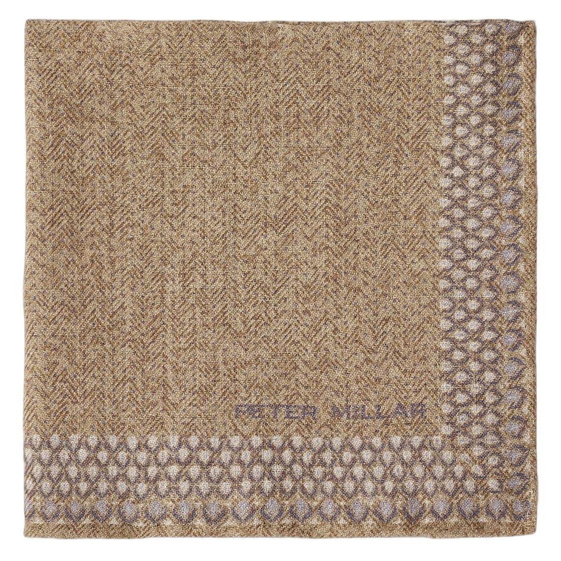 The Wells Pocket Square by Peter Millar features a tan and taupe Italian wool design, accented with a geometric border, a subtle herringbone pattern, and the Peter Millar signature logo.
