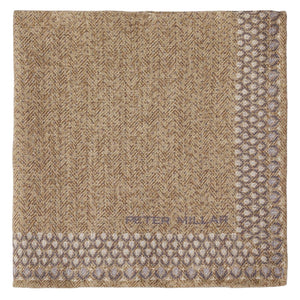 The Wells Pocket Square by Peter Millar features a tan and taupe Italian wool design, accented with a geometric border, a subtle herringbone pattern, and the Peter Millar signature logo.