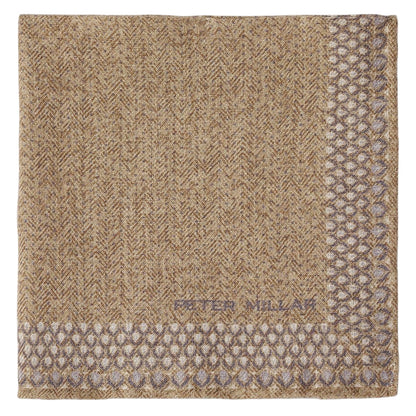 The Wells Pocket Square by Peter Millar features a tan and taupe Italian wool design, accented with a geometric border, a subtle herringbone pattern, and the Peter Millar signature logo.