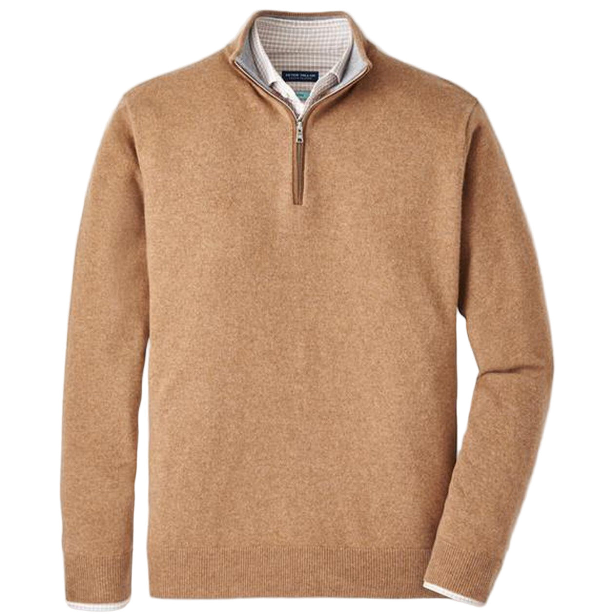 The Peter Millar Artisan Crafted Cashmere Flex Quarter-Zip in camel, inspired by British Isles knitwear, is styled over a checked collar shirt and shown against a plain white background.