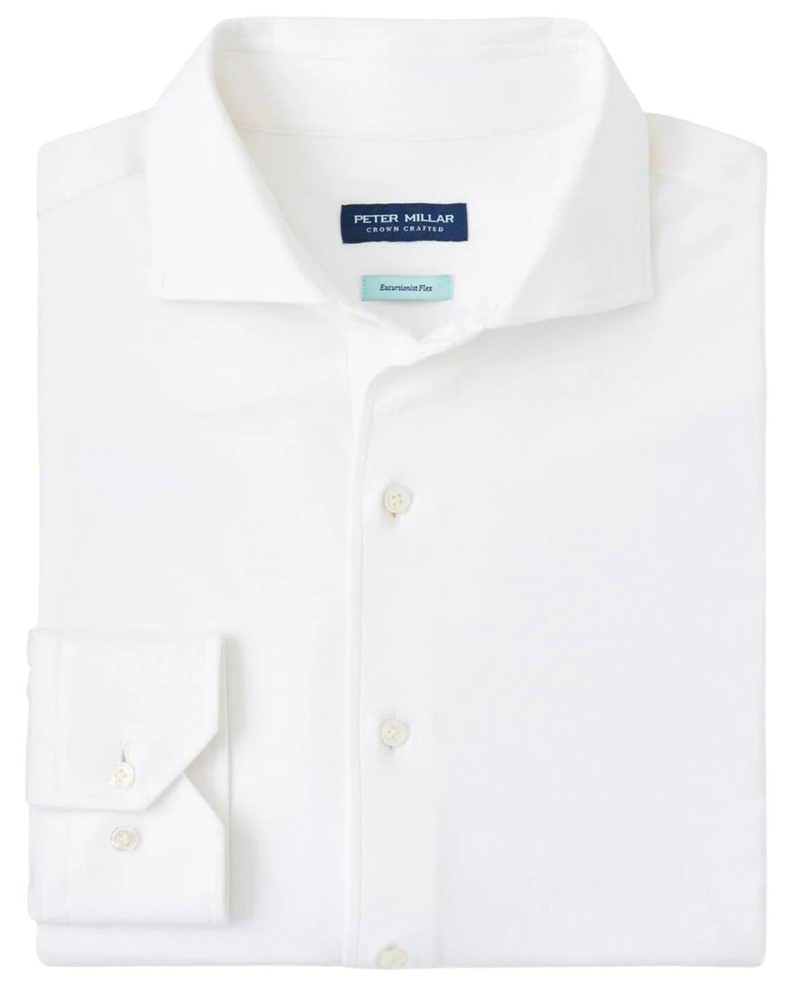 The Excursionist Flex Solid Sport Shirt by Peter Millar is a white, wrinkle-resistant cotton-stretch sport shirt with a pointed collar and buttoned cuffs.