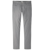 The Peter Millar eb66 Melange Performance Five-Pocket Pant 30″ is a pair of light gray straight-leg pants made from stretch twill fabric, designed with front and back pockets, belt loops, a button closure, and a comfort waistband, shown against a white background.