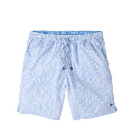The Peter Millar Shoreline Rays Swim Trunk, shown on a white background, is a light blue men's swim trunk with a subtle geometric pattern. It features an elastic drawstring waistband, quick-drying fabric, mesh liner, and side pockets.