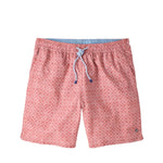 The Tails of Summer Swim Trunk by Peter Millar features a pink patterned design, a blue elastic drawstring waistband, lightweight quick-drying fabric, a mesh liner, and a small logo on the lower left leg, displayed on a white background.