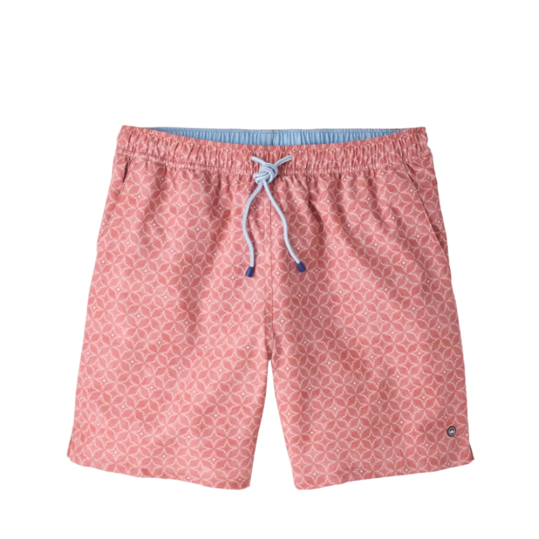 The Tails of Summer Swim Trunk by Peter Millar features a pink patterned design, a blue elastic drawstring waistband, lightweight quick-drying fabric, a mesh liner, and a small logo on the lower left leg, displayed on a white background.