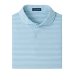 A neatly folded light blue Peter Millar Keynote Performance Jersey Polo, featuring UPF 50+ sun protection, thin white horizontal stripes, and a two-button placket, displayed against a white background.