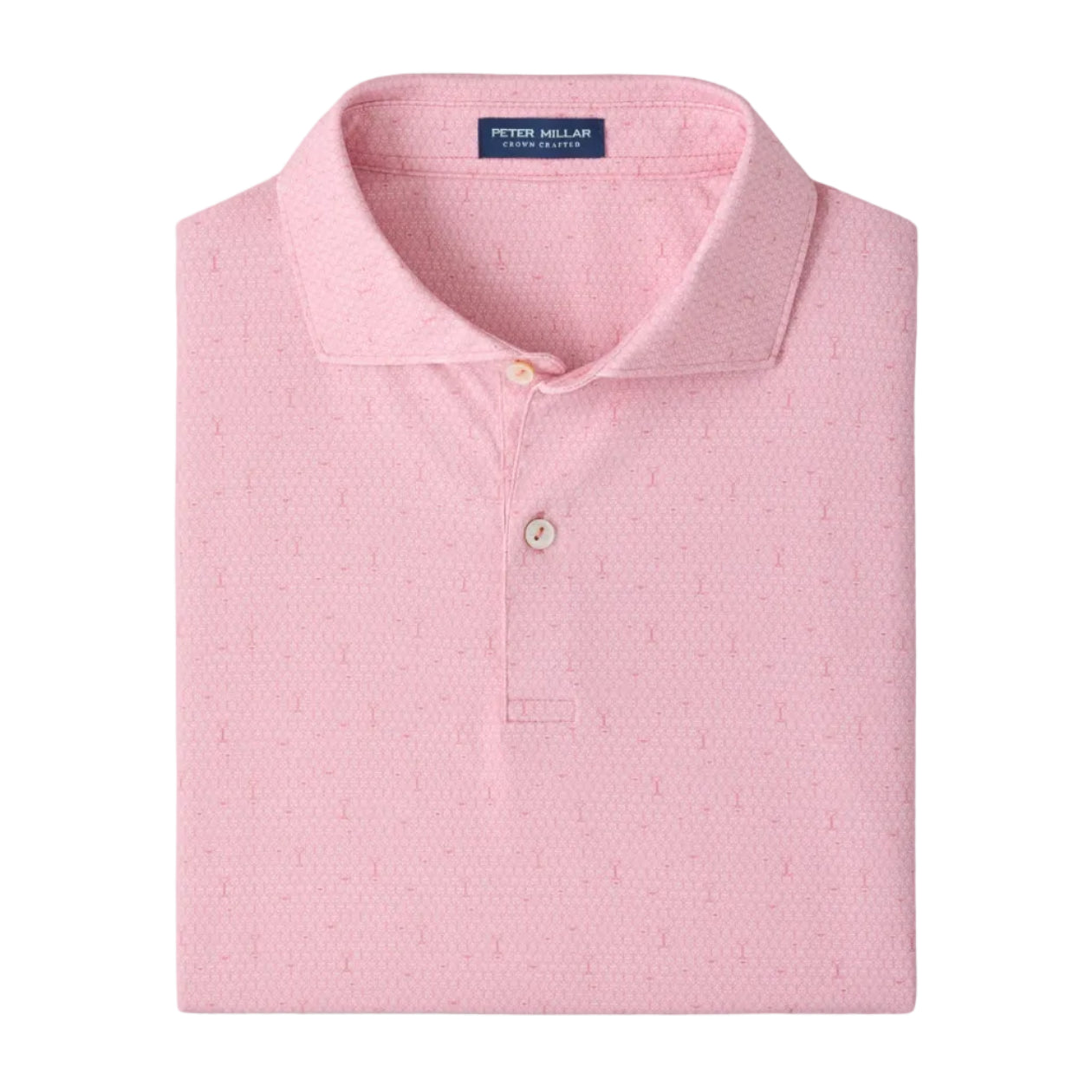 Experience the versatility of the Peter Millar Fifty-Fifty Performance Jersey Polo—a light pink short-sleeve shirt with a pointed collar and two-button placket, featuring a subtle textured pattern and crafted from four-way stretch fabric for exceptional comfort. Perfect for those who value modern design in their polos.